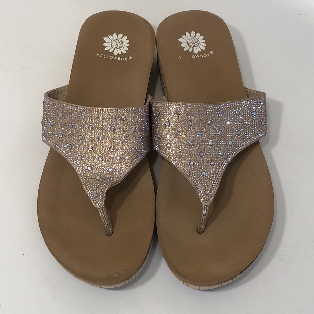Yellow Box CRISTAL Cork Wedge Sandals Womens Sz 8 Tan Sequins Flip Flops Summer